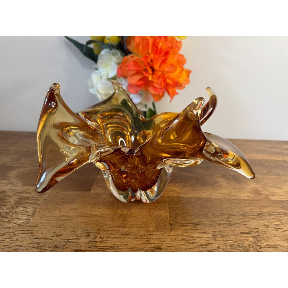 Vintage Chalet Style Amber Art Glass Freeform Bowl Canadian MCM Centrepiec